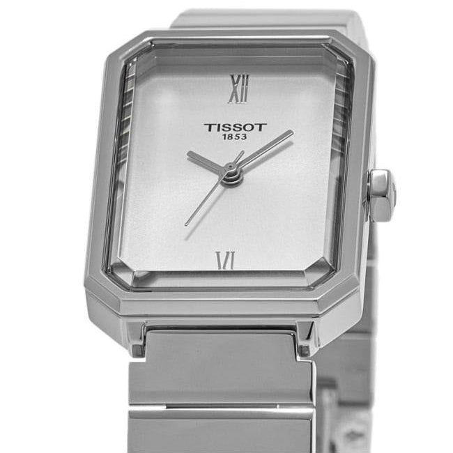 Close-up of Tissot SRV dial featuring silver sunray finish with Roman numerals and hands