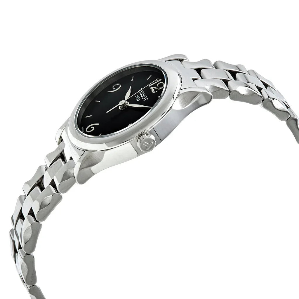 Tissot Stylis-T watch from angle showing case profile and stainless steel bracelet