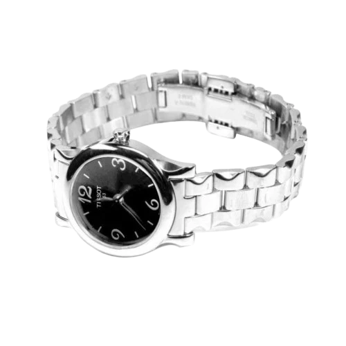Tissot Stylis-T women's watch displayed on wrist showing stainless steel bracelet