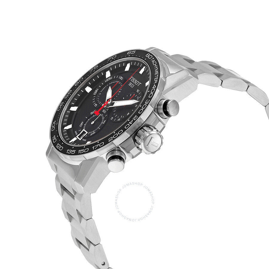 Tissot Supersport Chronograph Quartz angle view showing chronograph pushers and stainless steel bracelet