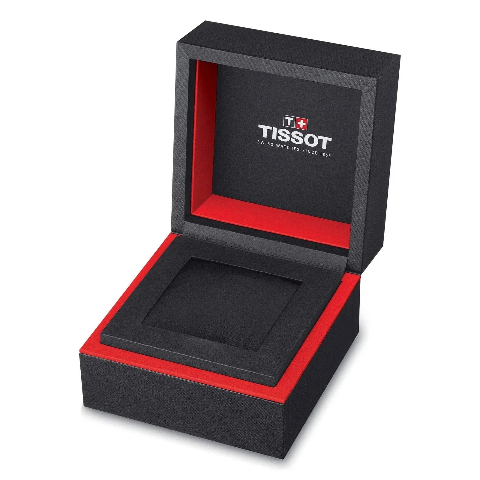 Tissot watch presentation box with black exterior and red interior lining