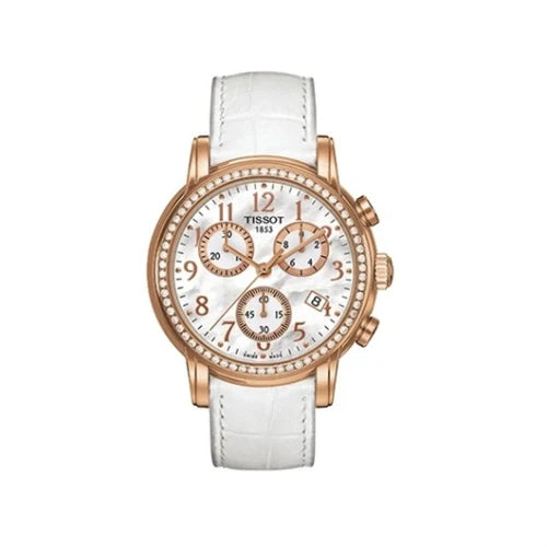 Tissot T-Classic Dressport chronograph with mother of pearl dial, rose gold case and white leather strap