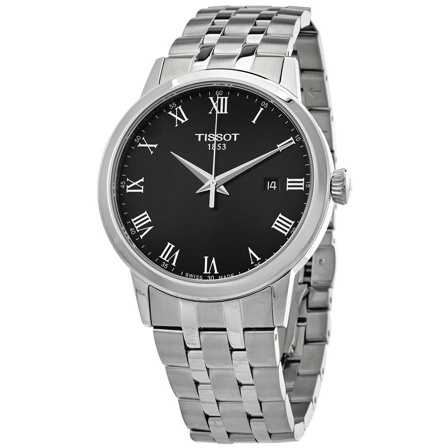 Tissot T-Classic men's watch with black dial, Roman numeral markers, and stainless steel bracelet