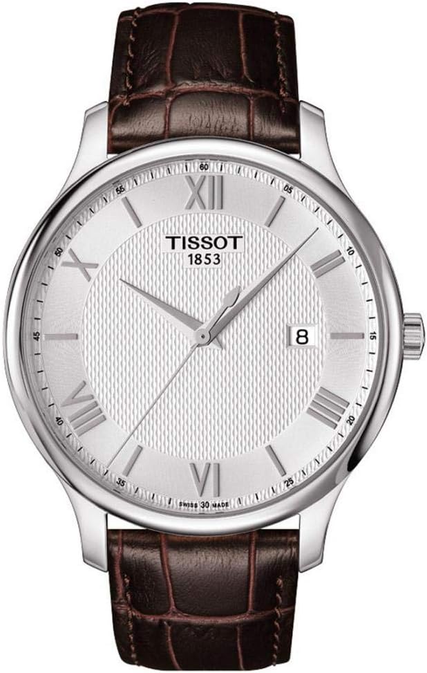 Tissot T-Classic Tradition silver dial men's watch with brown leather strap and Roman numerals