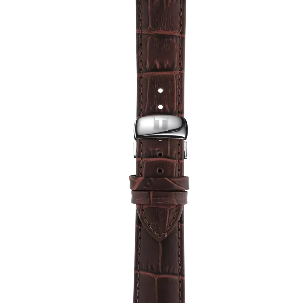 Brown crocodile leather strap of Tissot T-Classic Tradition watch with steel buckle