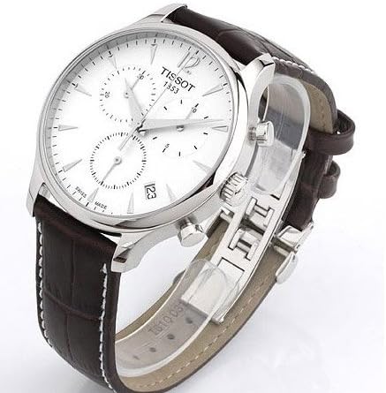 Tissot T Classic Tradition chronograph showing side profile with steel case and black crocodile strap