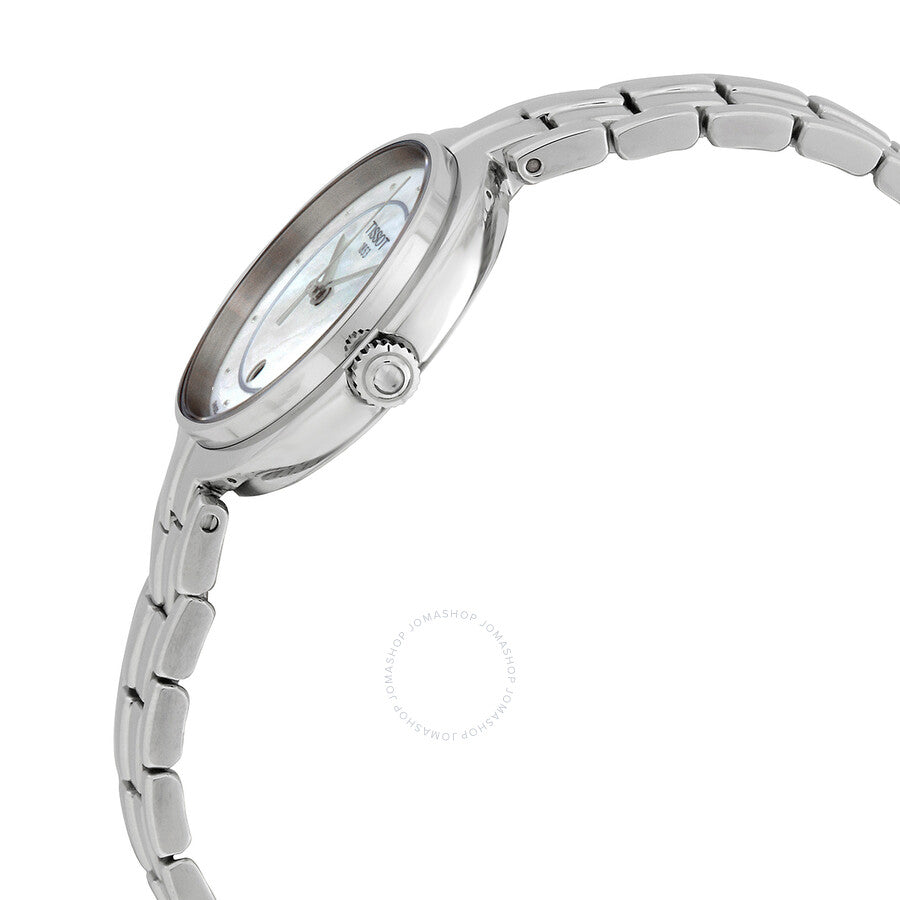 Side profile of Tissot T-Lady Flamingo watch showing stainless steel case and bracelet