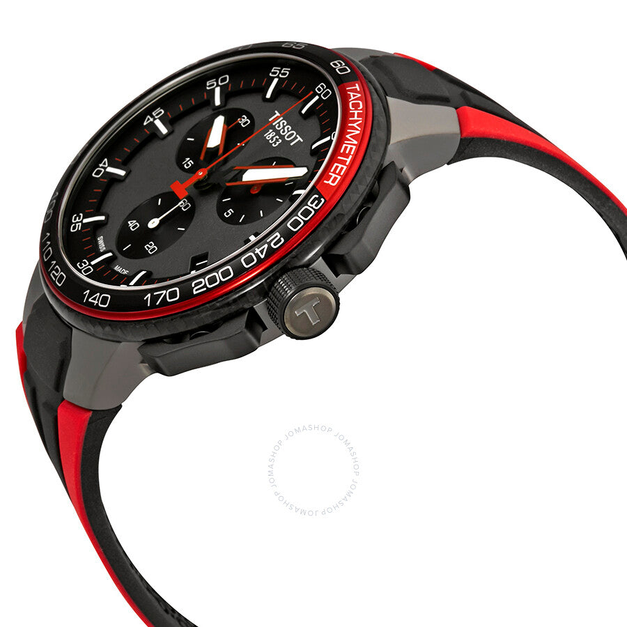 Tissot T-Race watch angled view showing black case, red tachymeter bezel, and red/black silicone strap