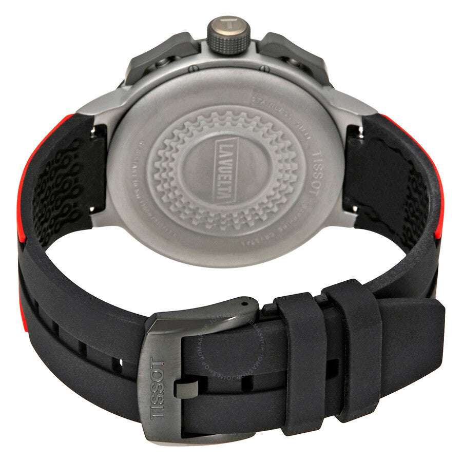 Tissot T-Race caseback showing round watch back with Tissot branding and black/red silicone strap