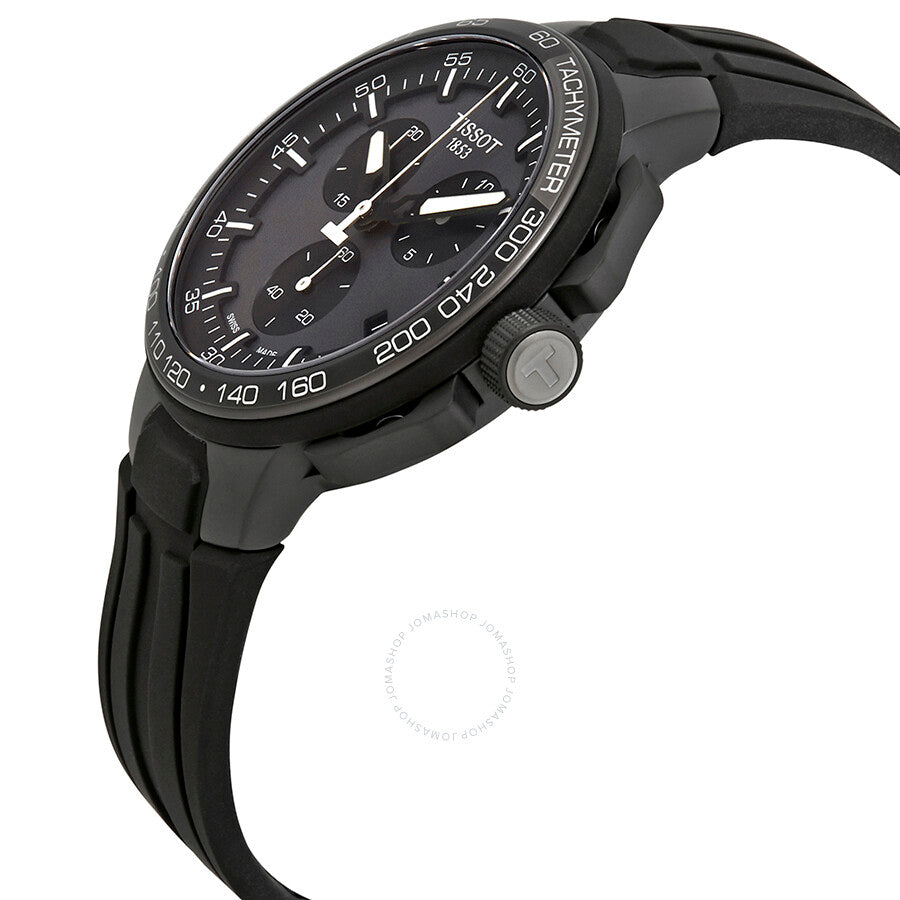 Tissot T-Race Cycling Chronograph watch shown at angle displaying chronograph subdials and black case