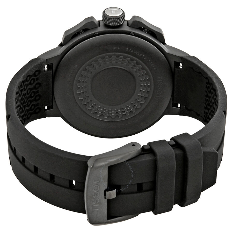 Tissot T-Race Cycling Chronograph caseback showing textured design and black rubber strap with buckle
