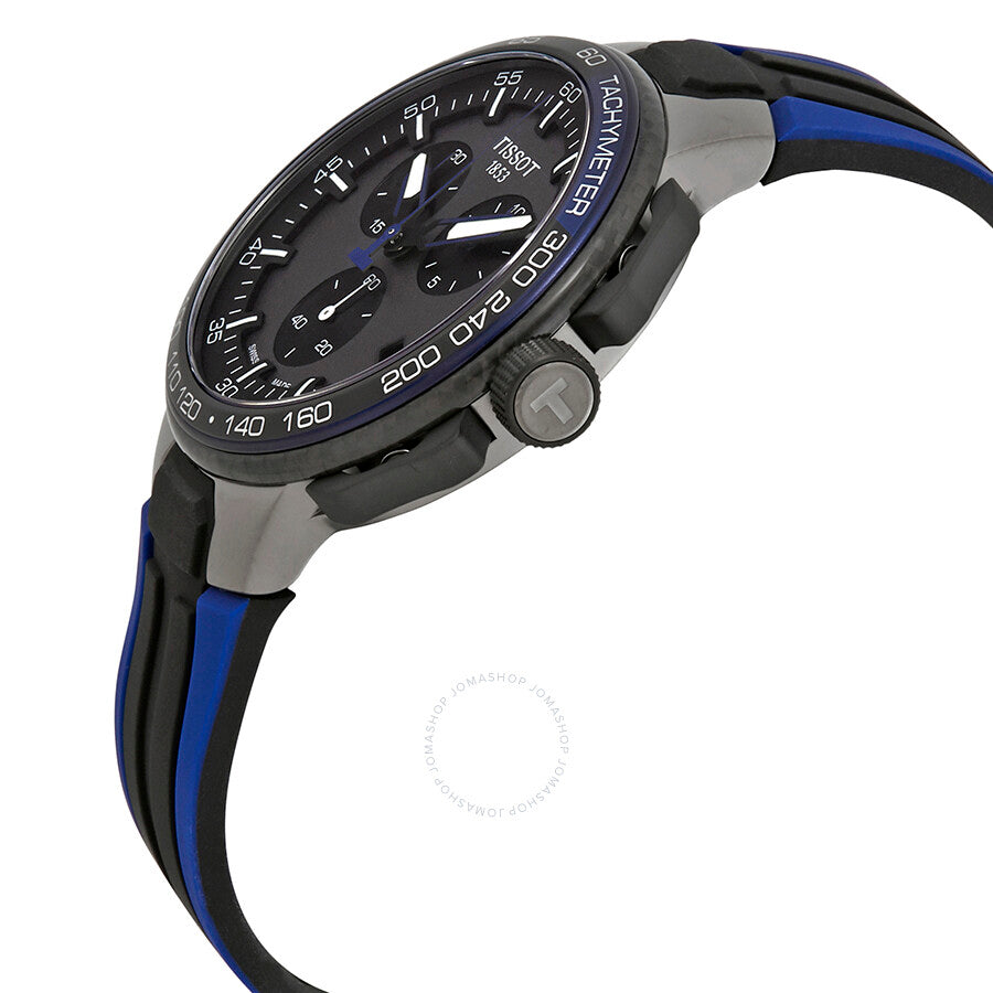 Tissot T-Race Cycling watch angled side view showing chronograph dial and blue-black strap