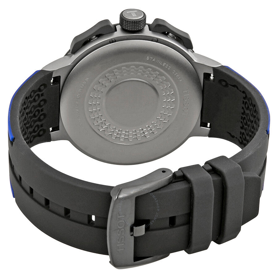 Tissot T-Race Cycling watch caseback showing gray stainless steel and rubber strap with buckle