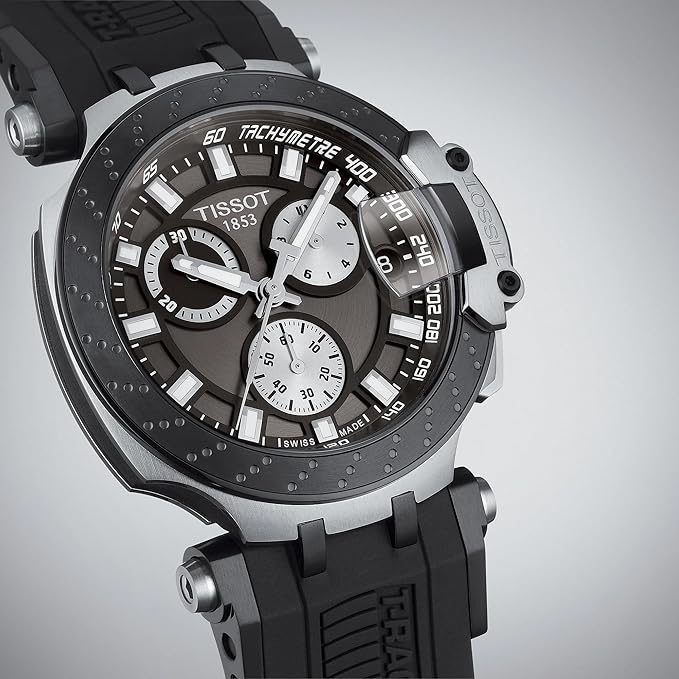 Tissot T-Race Chronograph at angle showing black chronograph case and rubber strap