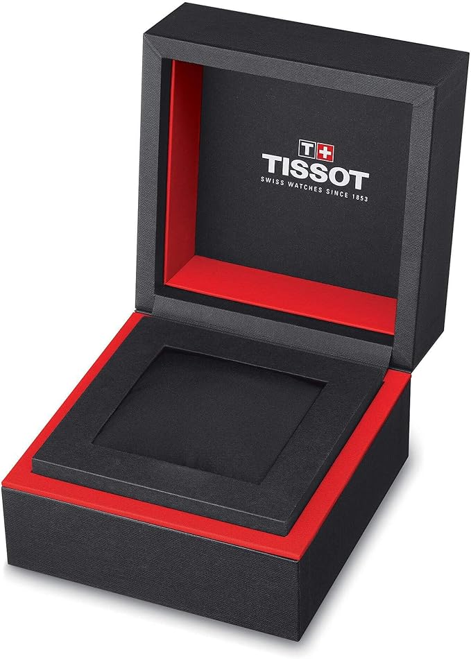 Tissot T-Race watch box open showing red interior and black compartment for storage
