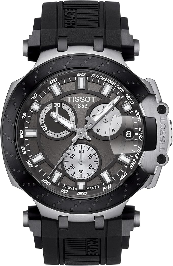 Tissot T-Race Chronograph Quartz black dial watch with three white subdials and black rubber strap