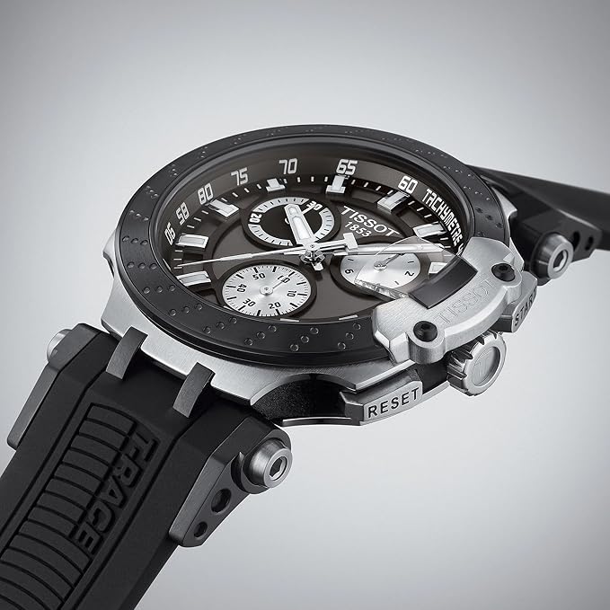 Tissot T-Race side view showing stainless steel case thickness and chronograph pushers