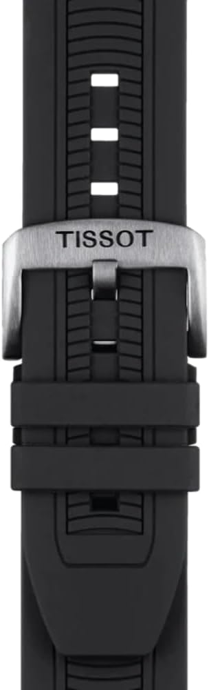 Tissot T-Race black rubber strap with horizontal ridged pattern and stainless steel buckle