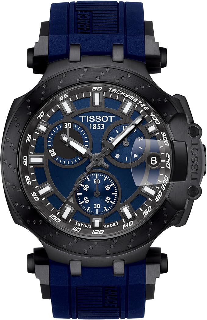 Tissot T-Race Chronograph quartz watch with blue dial, black case, and blue rubber strap