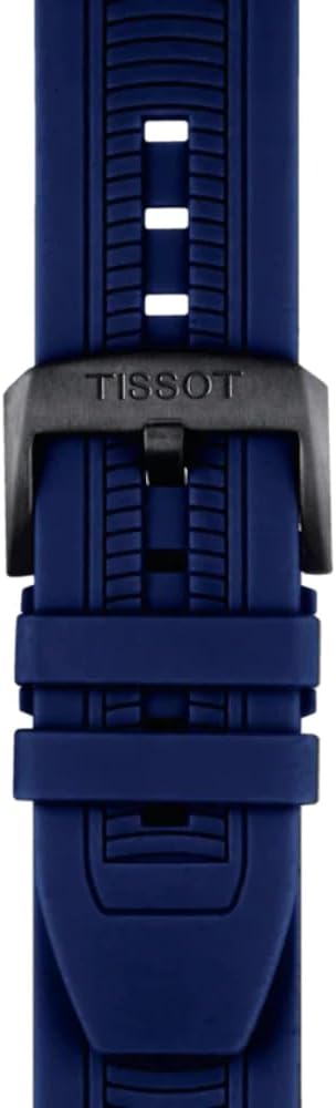Blue rubber strap with Tissot branding and black buckle