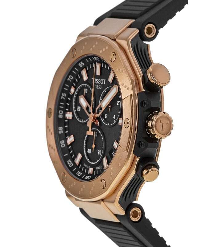 Tissot T-Race Chronograph side angle view showing rose gold case and black rubber strap
