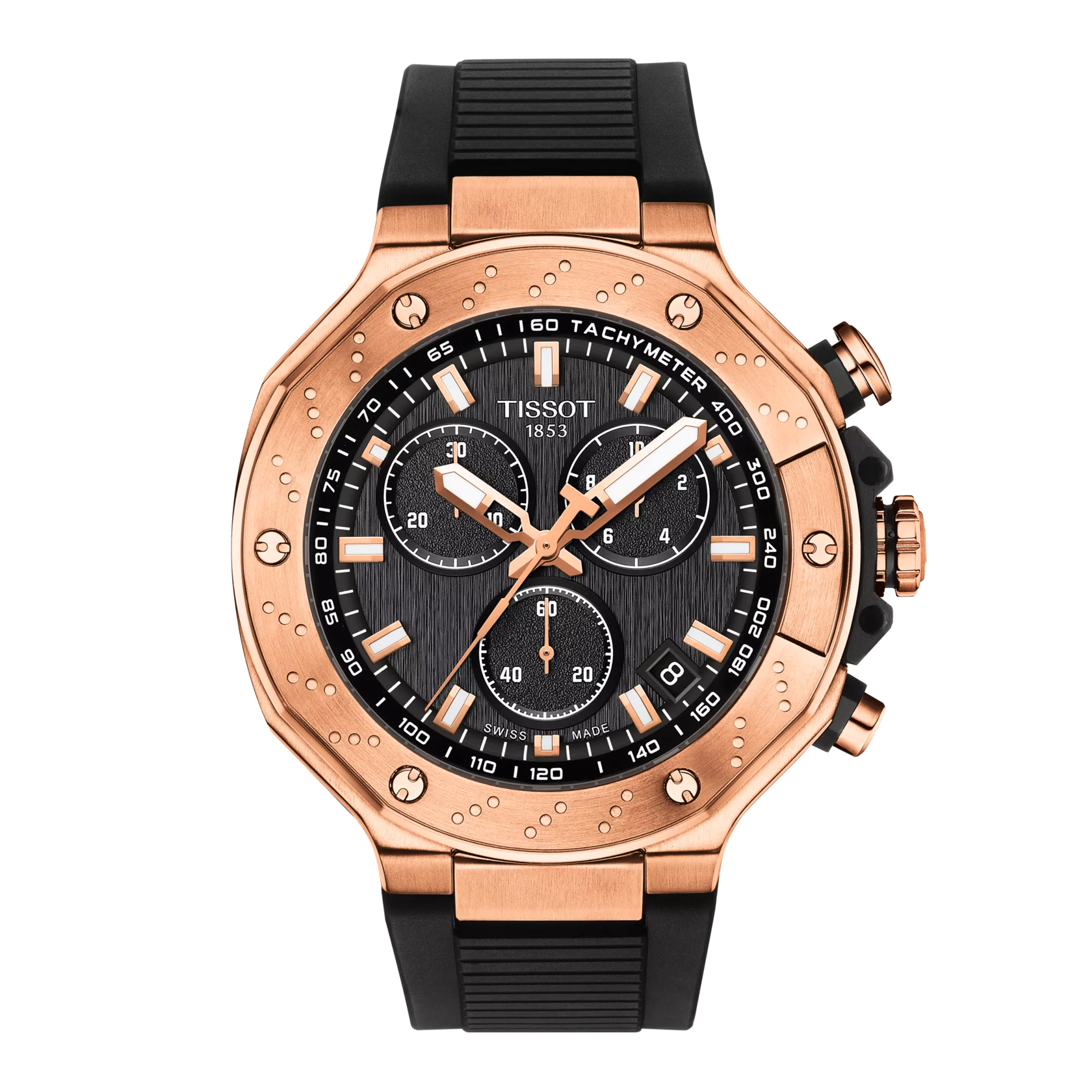 Tissot T-Race T141.417.37.051.00 rose gold chronograph watch with black rubber strap