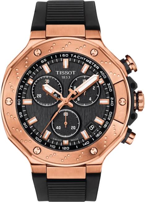 Tissot T-Race Chronograph with rose gold case, black dial, and three chronograph subdials