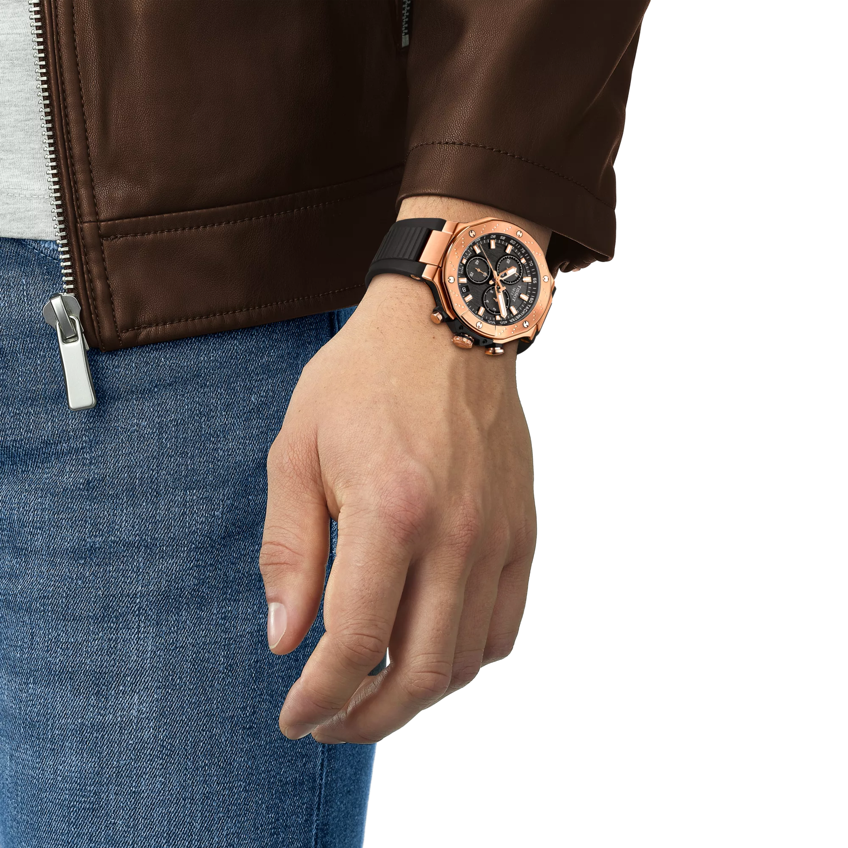 Tissot T-Race Chronograph worn on wrist showing rose gold case and black dial