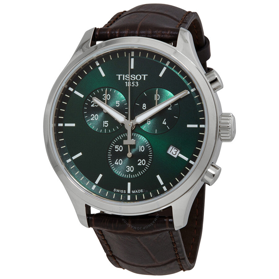 Tissot T-Sport Chronograph with green dial, stainless steel case, and brown leather strap