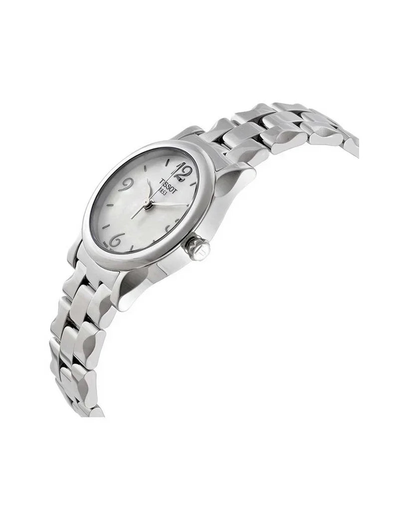 Tissot T028.210.11.037.00 women's watch displayed at angle showing silver case and bracelet