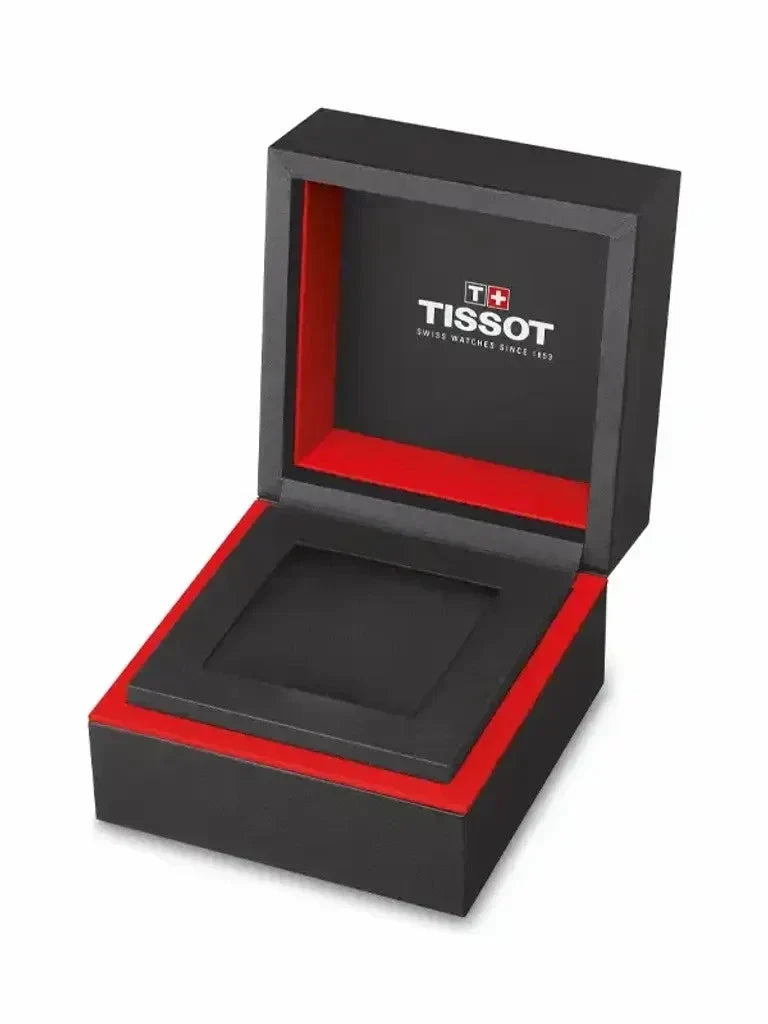 Tissot watch presentation box with black and red exterior design