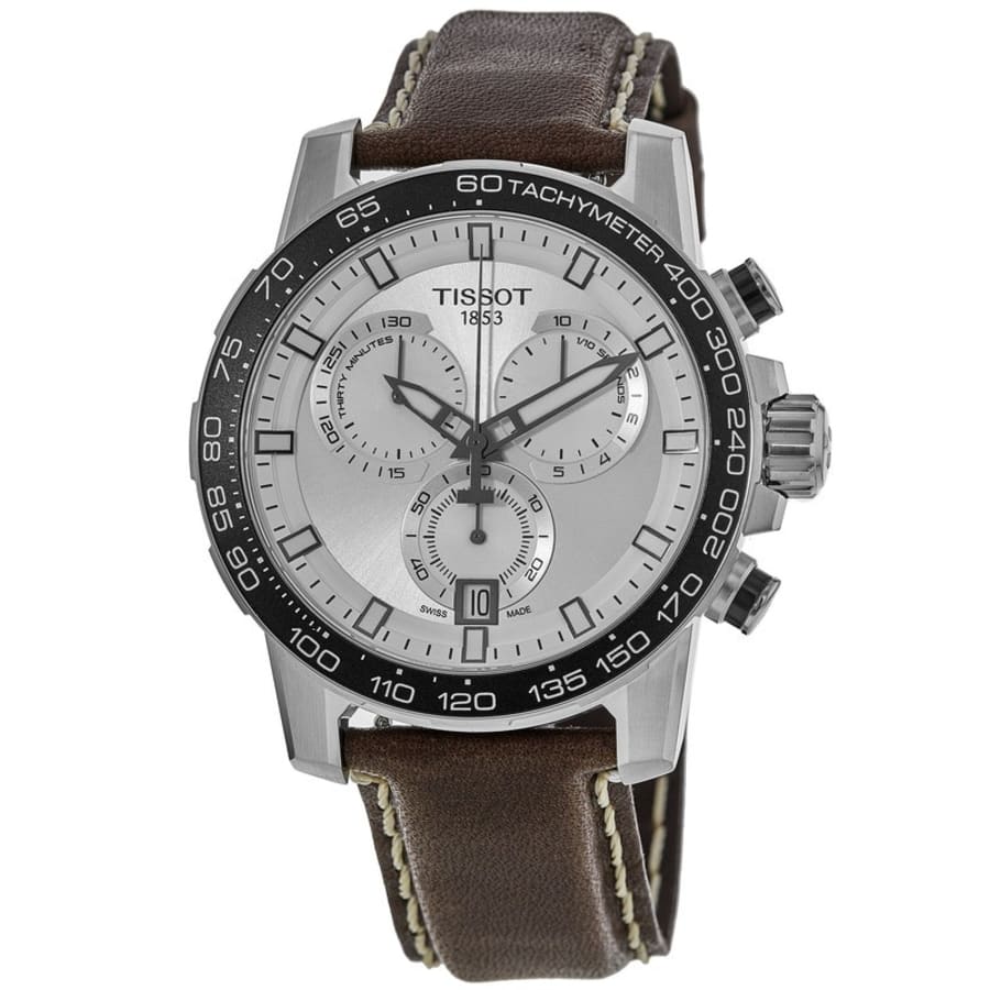 Tissot chronograph watch three-quarter view showing silver dial and brown leather strap