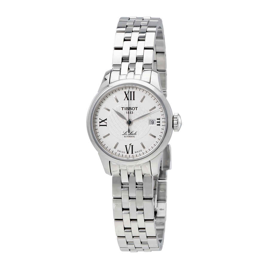 Tissot Le Locle women's watch three-quarter view showing white dial and steel bracelet