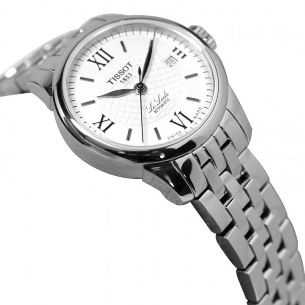 Close-up of Tissot Le Locle dial with Roman numerals and mechanical hands