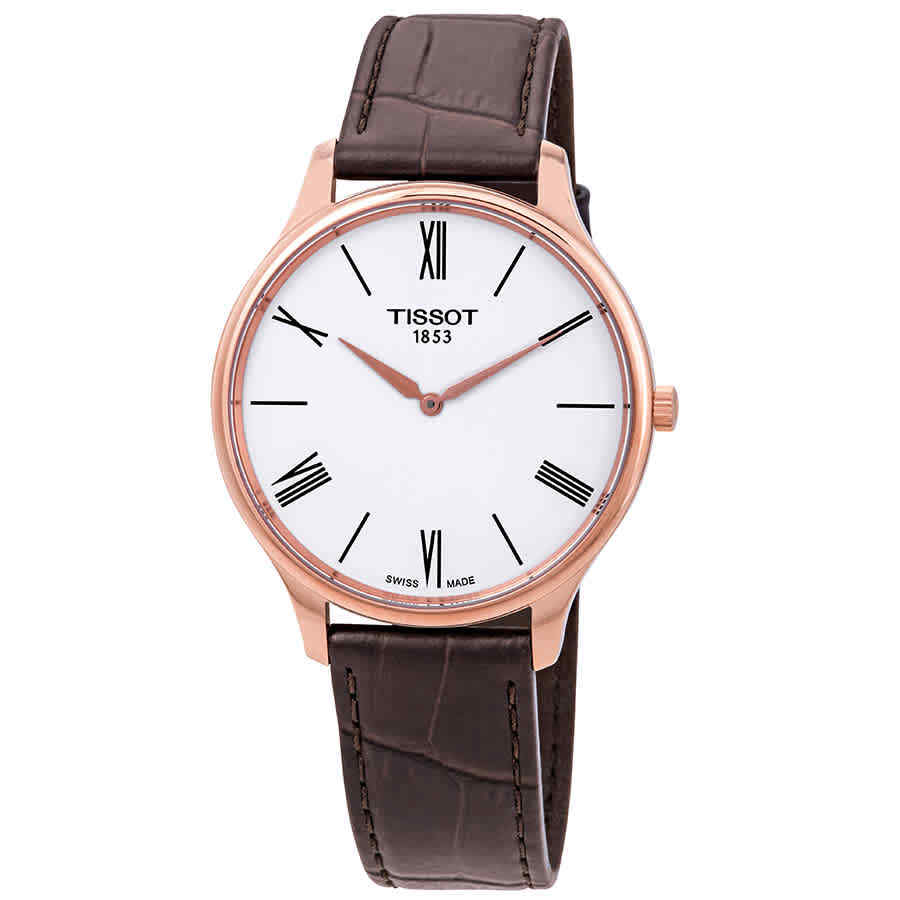 Tissot Tradition 5.5 watch at angle showing rose gold case and brown leather strap