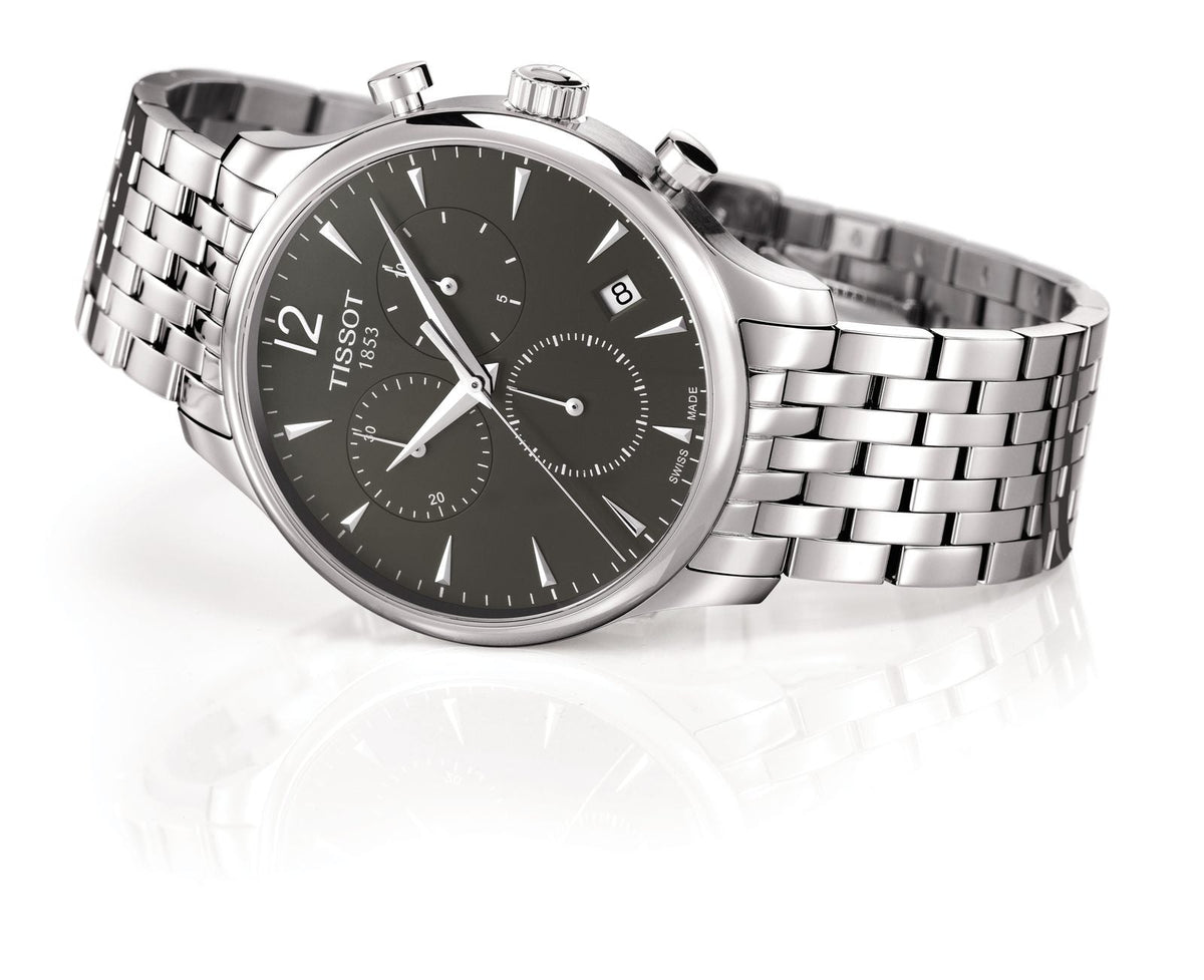 Tissot Tradition Chronograph three-quarter view showing case and steel bracelet