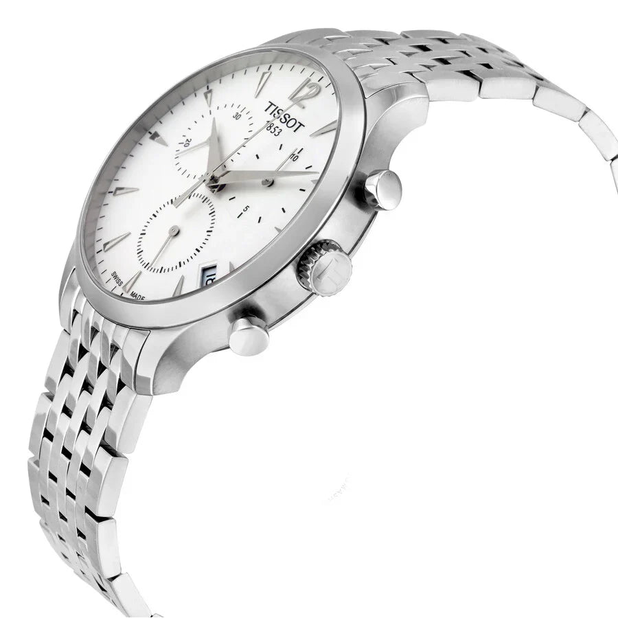 Tissot Tradition chronograph watch at angle showing silver bracelet and chronograph pushers