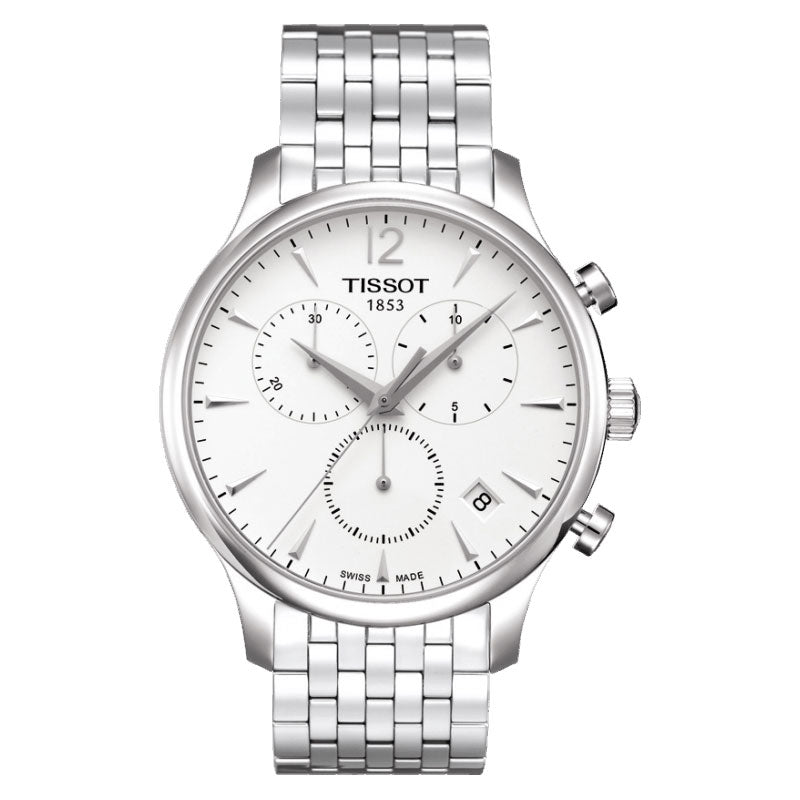 Tissot Tradition chronograph men's watch with silver bracelet and white dial