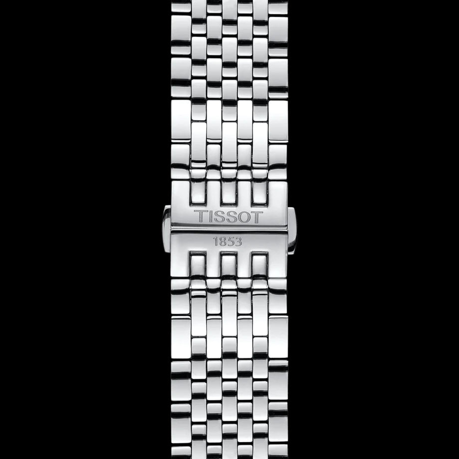 Tissot Tradition steel bracelet detail with logo and closure