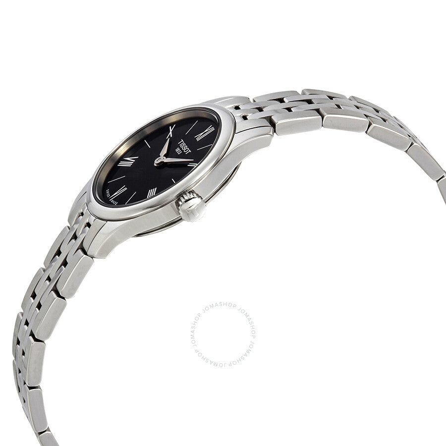 Side angle view of Tissot Tradition ladies watch showing stainless steel bracelet