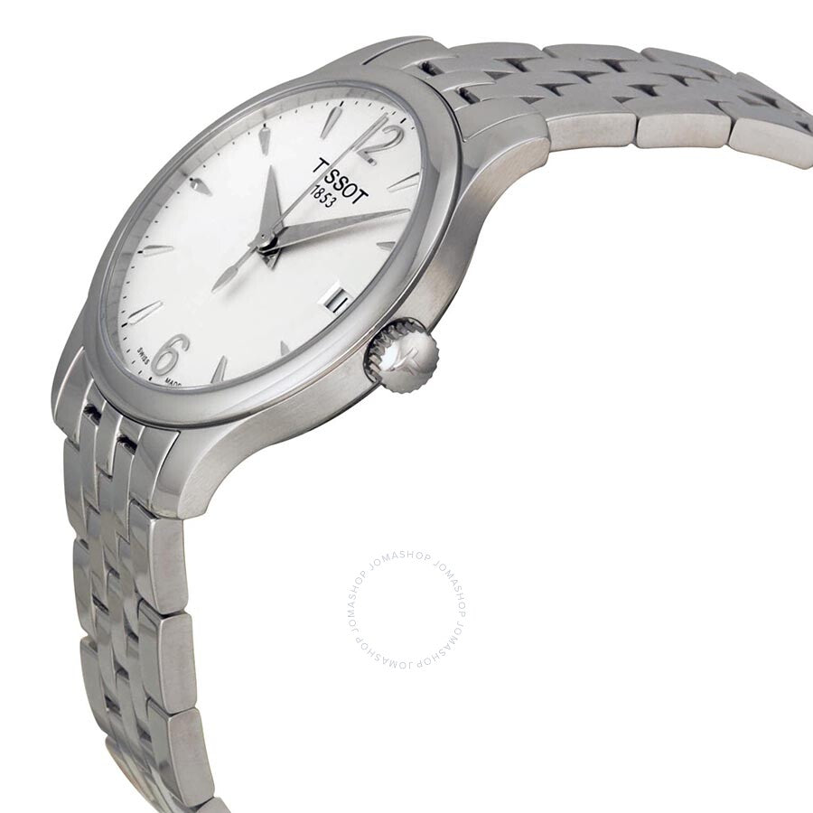 Tissot Tradition ladies watch side view showing silver bracelet and case