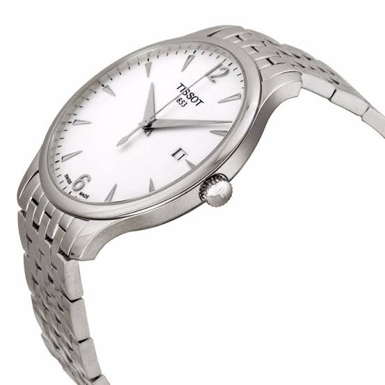 Tissot Tradition watch at angle showing stainless steel case and white dial