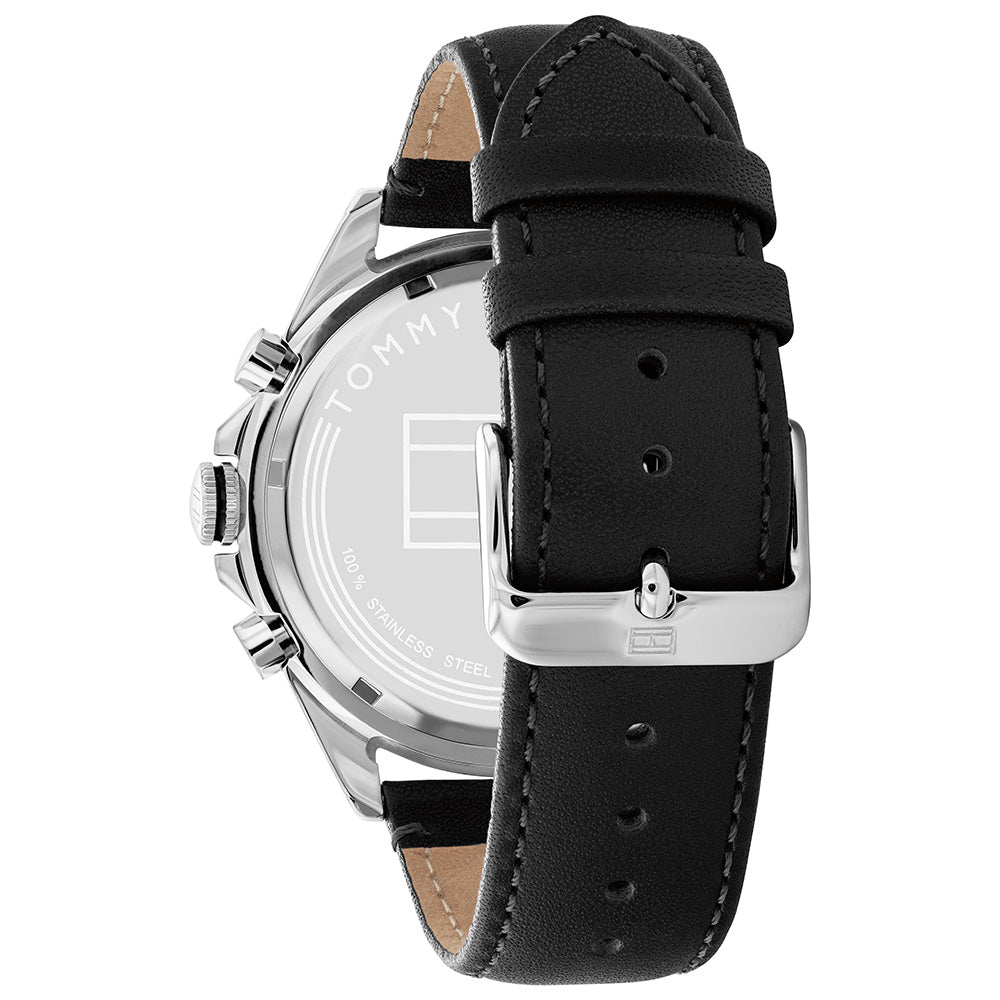 Side profile of Tommy Hilfiger Owen watch with black leather strap and chronograph pushers visible
