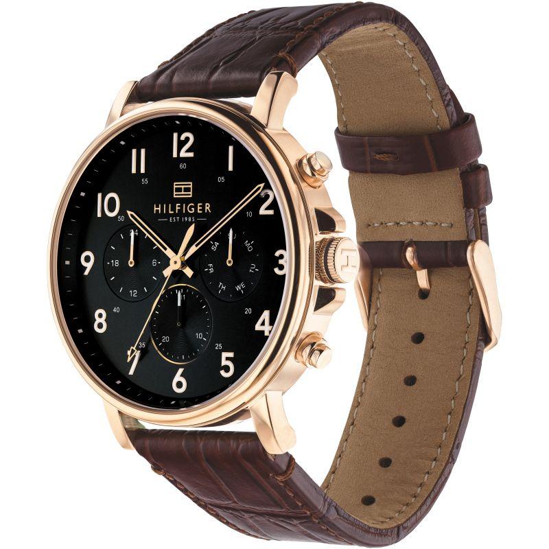 Tommy Hilfiger chronograph watch with brown leather strap and rose gold case