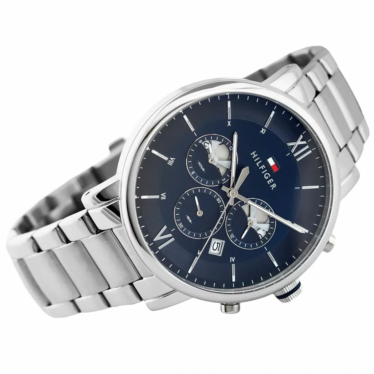 Tommy Hilfiger chronograph watch side angle with stainless steel bracelet and blue dial visible