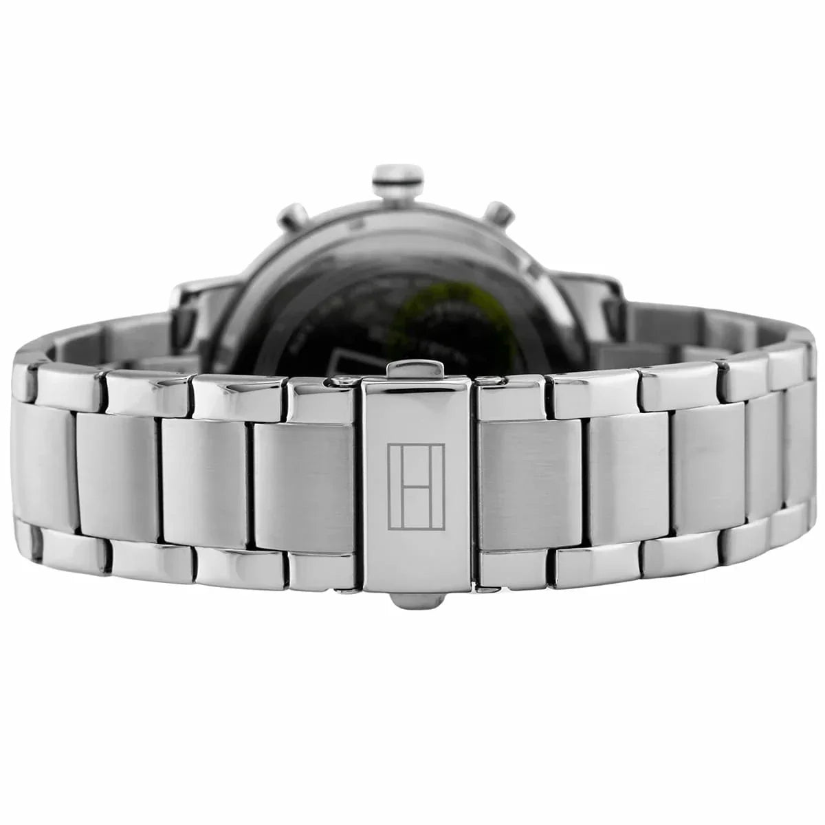 Tommy Hilfiger watch case back with stainless steel bracelet and clasp visible