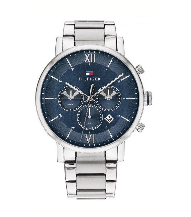Tommy Hilfiger chronograph watch front view with navy blue dial and three subdials