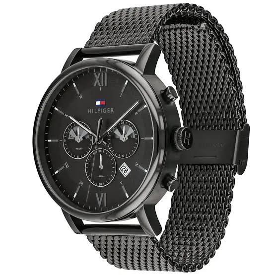 Tommy Hilfiger chronograph watch side view displaying mesh strap and case profile