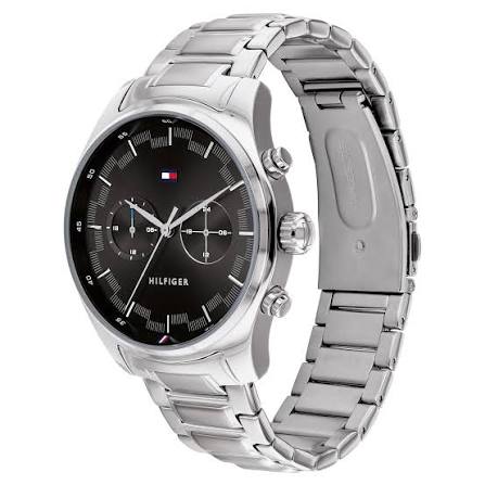 Tommy Hilfiger stainless steel men's watch angled view showing case and link bracelet