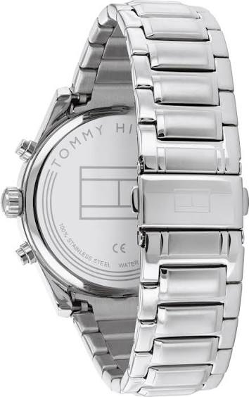 Tommy Hilfiger stainless steel watch caseback showing engraved details and specifications